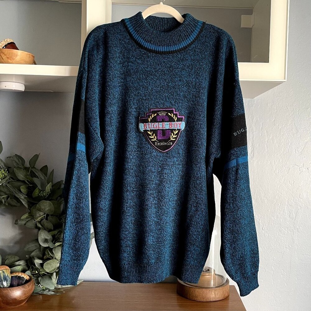 Vintage 90’s Bugle Boy Sweater Embroidered Logo Teal black Oversized